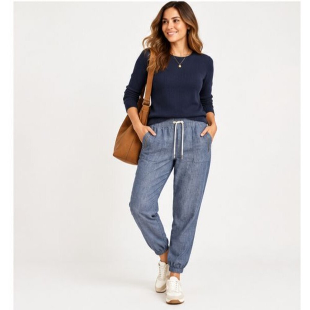 Athleta Cabo Linen Jogger Womens 14 Blue 100% Linen Zip Pockets Drawstring Pants